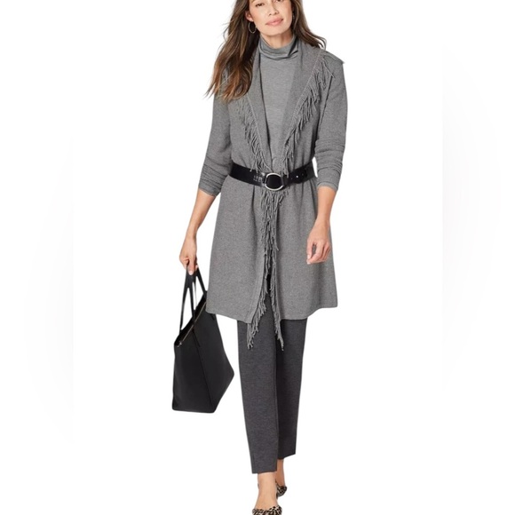 NEW J.Jill Long Fringe Cardi XS Petite Gray Belt Shawl Collar Closet Staple - Picture 12 of 13